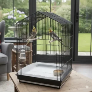 Two cockatiels on wooden perches above a clean, white cage liner, showing a tidy and well-maintained indoor bird habitat.