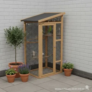 A compact wooden garden aviary designed for a small patio or terrace in a suburban UK home.