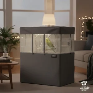 A cosy indoor setup with a covered bird cage placed away from draughts in a British home.