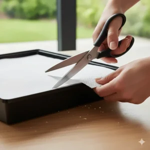 Hands using a pair of scissors to trim a white bird cage liner to fit the specific dimensions of a black plastic cage tray.