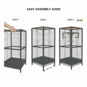 A step-by-step illustration showing the simple bolt-together assembly process for a premium bird cage.
