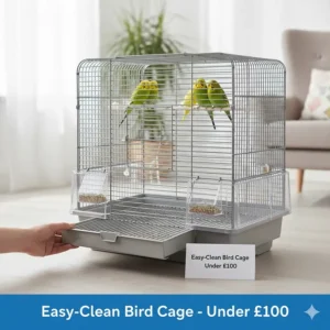 Close-up of a bird cage with a slide-out cleaning tray and seed guard, highlighting practical features for under £100.