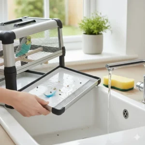 Illustration showing the removable tray of a bird travel carrier for quick and hygienic cleaning.