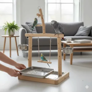 Showing the removable metal waste tray on a parrot play stand for easy cleaning.