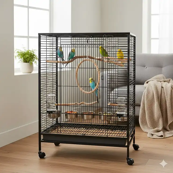 A spacious indoor flight cage suitable for four budgies, featuring natural wood perches and stainless steel feeders. large budgie cage for 4 birds