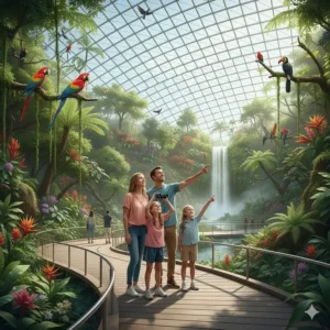 A British family looking through binoculars at rare birds in a walk-in aviary.