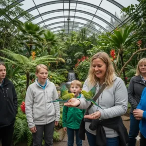 A visitor participating in a bird feeding session inside a walk-in aviary enclosure.