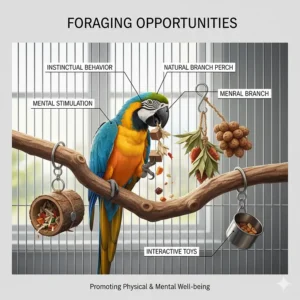 A parrot interacting with various hanging foraging toys and interactive accessories attached to a sturdy natural wood branch perch.