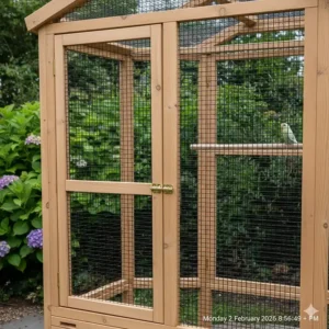 Close-up of a double-door safety porch on a garden aviary to prevent birds from escaping.