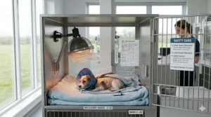 Close-up of a heat lamp safety guard inside a metal hospital cage to prevent accidental contact burns.