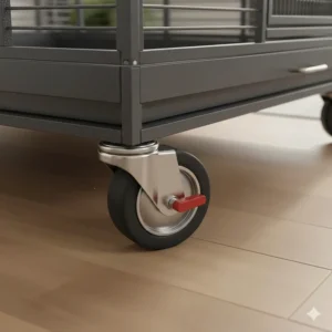 Illustration of the sturdy, lockable castor wheels designed for moving a premium bird cage across hardwood floors.