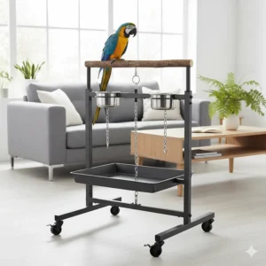 A heavy-duty powder-coated metal parrot play stand with integrated feeding station.