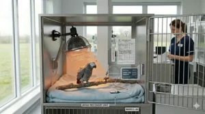 Diagram of a hospital cage with a heat lamp and a digital thermometer to monitor ambient temperature for pet safety.