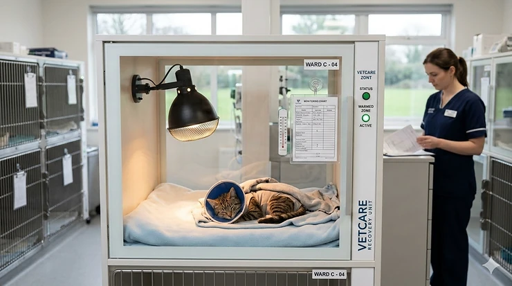 A professional veterinary hospital cage with a heat lamp installed, showing a comfortable recovery environment for a domestic pet. hospital cage with heat lamp