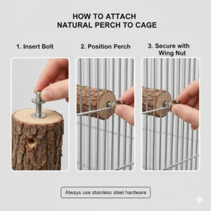 A technical guide showing how to secure a natural wood perch to the bars of a bird cage using stainless steel washers and wing nuts.