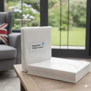 A pack of pre-cut hygienic cage guard sheets designed for lining a bird cage to prevent bacterial growth and maintain cleanliness.