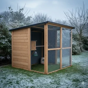An insulated garden aviary shelter with felt roofing to protect birds during British winter weather.