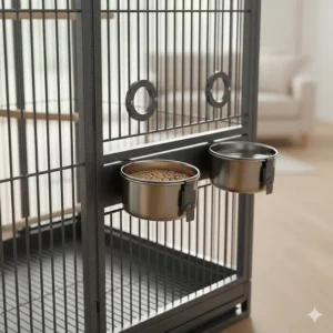 External access feeding bowls and swing-out doors on a premium bird cage to minimise bird stress.