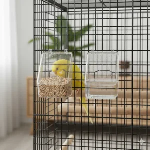 Close-up of clear plastic seed and water gravity feeders hooked onto the exterior wire of a budgie breeding cage.