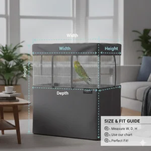 A diagram showing how to measure a cage for a well-fitted, breathable bird cage cover.