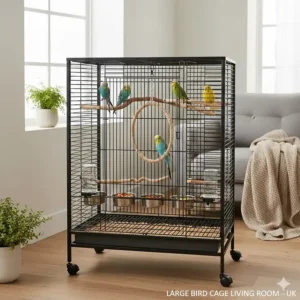 An aesthetically pleasing large budgie cage positioned in a bright, draught-free corner of a British lounge.