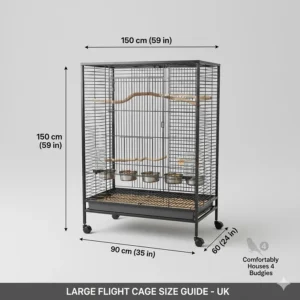 Diagram showing the minimum dimensions for a large budgie cage to comfortably house four birds.