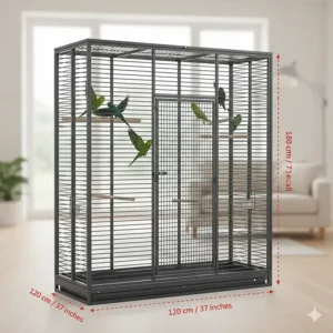 An illustration showing the generous dimensions and flight space available in a premium bird cage for parrots.