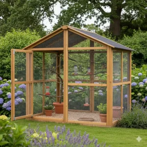 A spacious walk-in garden aviary featuring heavy-duty galvanised mesh and a solid timber frame.