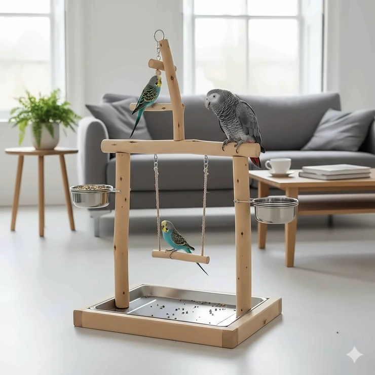 A large natural wood parrot play stand with two stainless steel bowls and a removable tray. parrot play stand with bowls