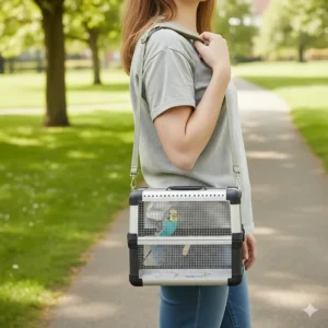 A person carrying a lightweight bird travel carrier with a comfortable shoulder strap for easy transport.