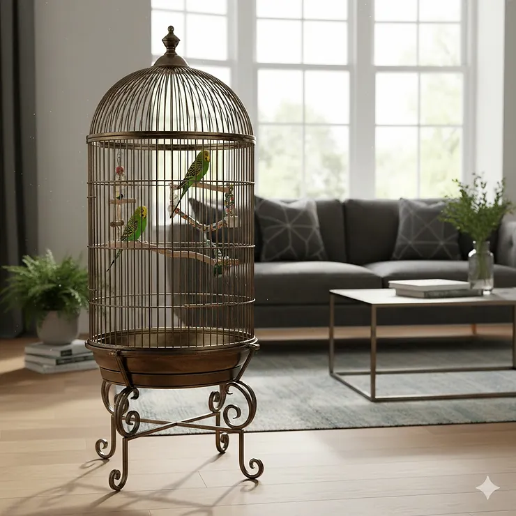 A large premium bird cage with a Victorian-style dome top placed in a brightly lit British living room. premium bird cage