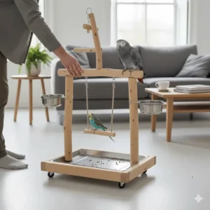 A mobile parrot play gym with lockable wheels for easy movement around a UK living room.