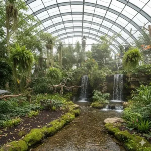 Naturalistic landscaping featuring native British ferns and waterfalls inside a walk-in aviary.