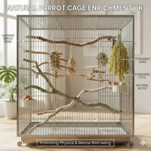 A wide shot of a large bird cage organised with several natural wood branches and enrichment toys to create a healthy environment for pet birds.
