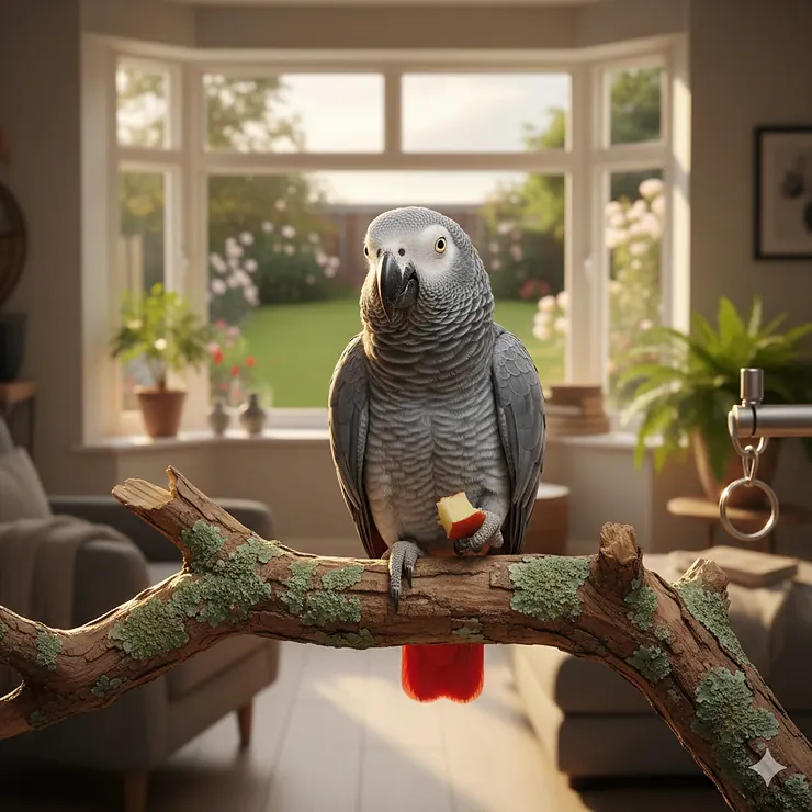 A colourful African Grey parrot perched on a natural lichen-covered wood branch in a modern British living room with a bay window view of a garden. natural wood perch for parrot
