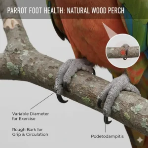 A detailed close-up of a parrot's feet on a textured branch, illustrating how variable diameters help prevent bumblefoot and maintain foot health.