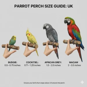 A size guide for UK bird owners showing the ideal natural branch thickness for Budgies, Cockatiels, African Greys, and Macaws.
