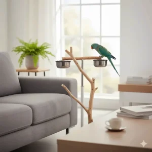 A stylish parrot play stand with bowls placed next to a sofa in a modern British home.