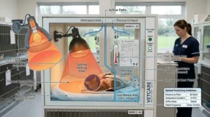 Illustration showing the correct positioning of a heat lamp in a hospital cage to create a safe thermal gradient.