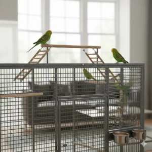 A bird cage featuring an integrated roof-top play gym with perches and ladders for extra enrichment.