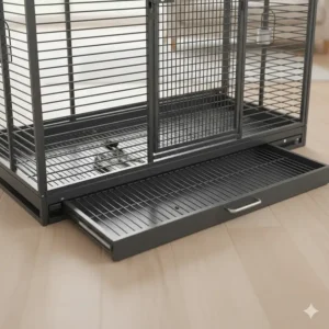 Diagram showing the easy-to-clean removable waste tray and debris guard on a luxury bird cage.