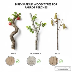 A botanical-style infographic displaying bird-safe UK native wood types like Apple, Silver Birch, and Hazel for natural parrot perches.