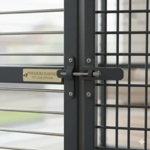 Detail of the escape-proof door latch and reinforced locks on a premium bird enclosure.