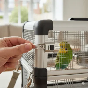 Close-up of the double-lock safety mechanism on a bird travel carrier to prevent accidental escapes.