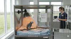 A specialised hospital cage with a heat lamp setup for a sick parrot, highlighting focused warmth for avian species.