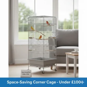 Space-saving corner bird cage designed for small UK flats, priced competitively under £100.