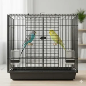 A professional double budgie breeding cage showing a central wire mesh divider separating two budgies to assist with socialisation.