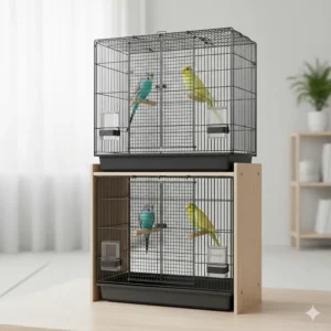 Two black wire budgie breeding cages stacked vertically in a modern, clean indoor environment to save space.