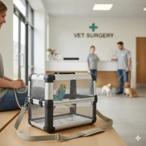 A small parrot inside a secure bird travel carrier awaiting an appointment at a British veterinary surgery.