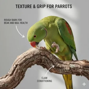 A photorealistic view of a parrot using a rough bark perch for natural beak wiping and claw conditioning in a clean domestic setting.